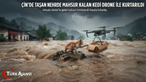 Çin’de Taşan Nehirde Mahsur Kalan Kedi Drone ile Kurtarıldı