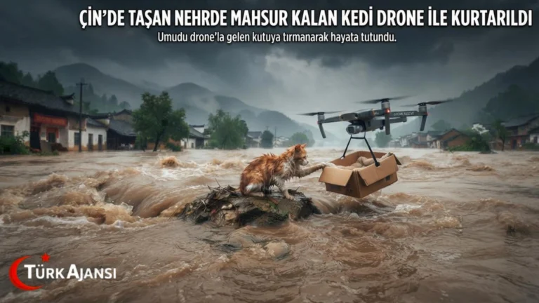 Çin’de Taşan Nehirde Mahsur Kalan Kedi Drone ile Kurtarıldı